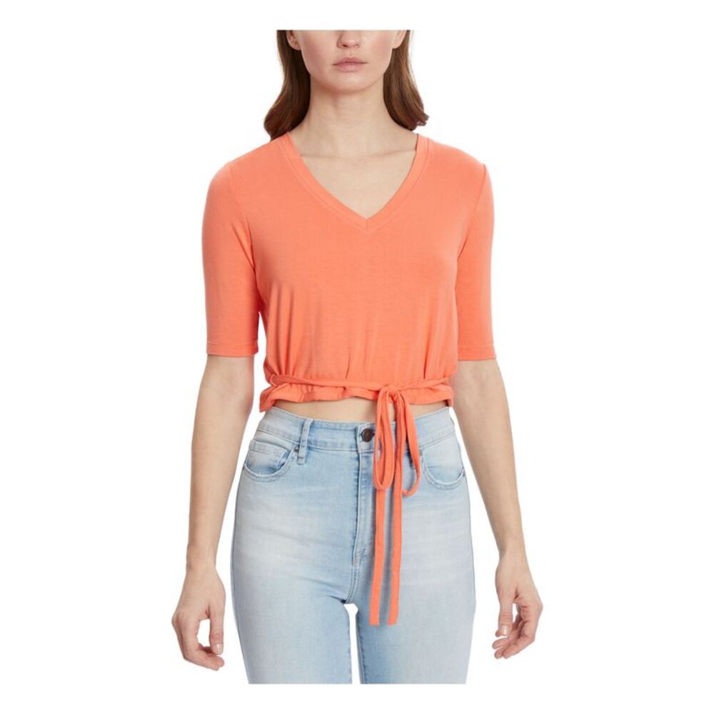 JEANS Womens Orange Fitted Wrap Back Front Tie Short Sleeve V Neck Top M